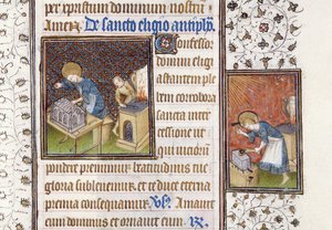 Ms 62 f.215r聖エリギウスが神社を作る。アンビルでの聖エリギウス、時間の本から