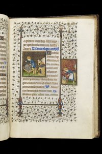 Ms 62f.215r聖エリギウスが神社を建てる。時祷書からのアンビルの聖エリギウス、c.1445-50（ベラム） 作： Master of the Rohan Hours