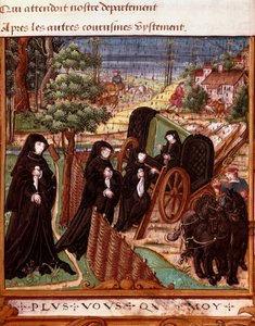 ナバラ王妃マルガリータ・アングレマ（1492-1549）が仲間の女性たちに囲まれて馬車に乗って散歩している様子を描いたもの」 マエストロが盛り上げたマルガリータ・アングレマの手稿「La coche ou Debat d