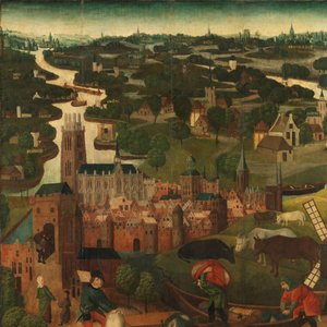 聖エリザベスの日洪水 1421 年 11 月 18 ～ 19 日の聖エリザベートの洪水を描いた祭壇画の外側左翼、ドルドレヒトの街を背景に