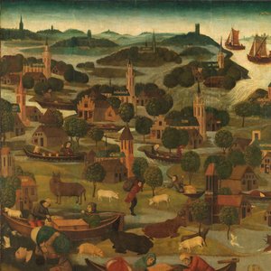聖エリザベスの日洪水 1421 年 11 月 18 ～ 19 日の聖エリザベートの洪水を描いた祭壇画の右翼の外側、Wieldrecht での堤防の決壊 作： Master of the St Elizabeth Panels