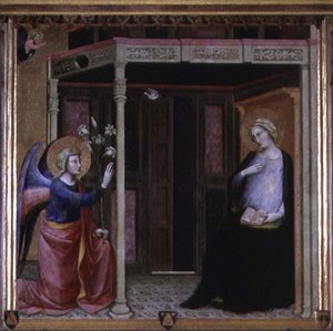 受胎告知」（パネルにテンペラ） 作： Master of the Straus Madonna