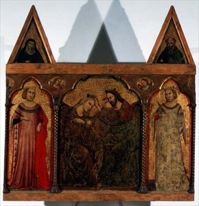 トリプティク聖母の戴冠式と二人の聖人（パネルにテンペラ） 作： Master of the Urbino Coronation