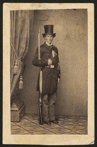 ジェームズ・ヘンリー・レーン（1814-1866）政治家、カンザス自由州党の指導者、全身像、銃を持つ（セピア写真