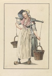 くびきに 2 つのバスケットを持つ農民の女性