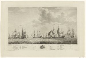 Rammekens沖のオランダ軍艦隊、1782～1783年 1782 年と 1783 年の Rammekens の路上で、少将 van Kruyne の指揮下にある国の軍艦の Gesicht (オブジェクトのタイトル) 作： Mathias de Sallieth