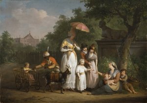 Une famille noble distribue des aumones dans un parc - 公園で施し物を配る貴族一家 ブリー、マチュー・イグニス・ファン（1773-1839）作。木に油彩