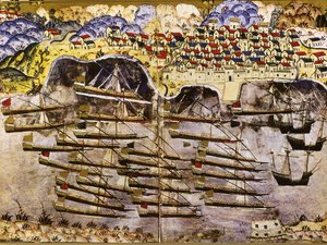 フランスのトゥーロン港で越冬するバルバロッサの艦隊、1543年、16世紀半ば 作： Matrakci Nasuh