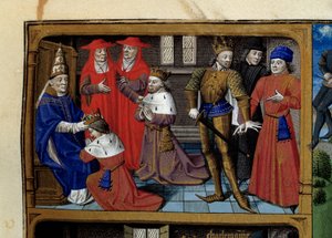 フランク王国の王シャルルマーニュ（742-814）の人生の一場面：教皇レオン3世による戴冠式Vincent de Beauvais (1184/94-1264)の写本 "Speculum historiale (Le Mirror historial) "から引用されたミニチュアで、師匠のFrancois (15)によって増補されています。 作： Maître François