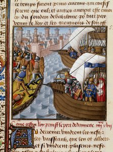 第7回十字軍。サン・ルイ王（1214-1270）と、1249年6月に下エジプトのダミエッタを包囲する十字軍。Vincent de Beauvais (1184/94-1264)の写本 "Speculum historiale" (Le Mirror historial)から引用されたミニチュアで、師匠の手によって盛り上げられています。