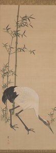 鶴竹松 江戸時代（絹本水墨） 作： Matsumura Keibun
