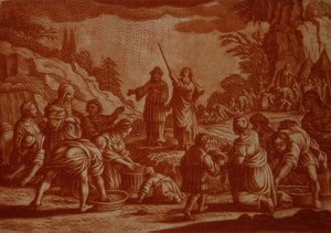 マナを集めるイスラエル人（聖書の挿絵）ガブリエル・ボデニール（1673-1766）の彫刻（セピア色の彫刻）。 作： Mattaus II (after) Merian