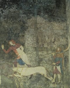 犬と狩りをする男性、La Chambre du Cerf Stag Room 1347フレスコ画の装飾スキームの詳細 作： Matteo Giovanetti