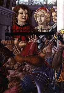 無辜の民の虐殺」 宮殿から殺戮を見守る二人の野次馬のディテール 作： Matteo di Giovanni di Bartolo