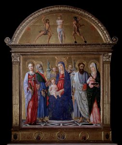 子供を連れた聖母と聖バルトロメオ、聖カテリーナ、聖ルーシー、聖マタイ - 祭壇画 作： Matteo di Giovanni di Bartolo