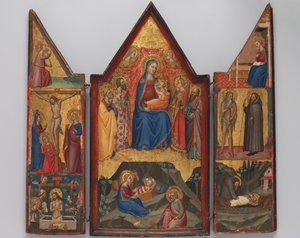 聖人を囲んだ聖母子像...そして、その下には「キリストの降誕」が描かれている、1380年から90年頃の作品。 作： Matteo di Pacino