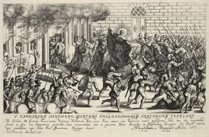 1355 年 5 月のピサ民衆の反乱の間、聖カタリナはカール 4 世を保護します。 作： Matthäus Küsel