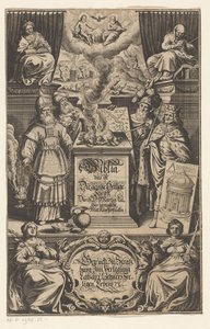 4人の男にバン・ア・ラムを提供する タイトル ページ: マルティン ルター。 D. Martin Luther, s.a. によって翻訳された聖書全体である Biblia 作： Matthäus Merian (I)