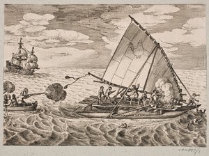 野生の人々と子供たちを乗せたオランダの捕獲船 作： Matthäus Merian d.Æ.