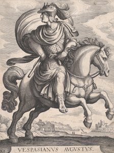 馬に乗ったヴェスパシアヌス皇帝、『ローマの最初の12人の皇帝』シリーズより、プレート1...、1610-50年。 作： Matthaus Merian