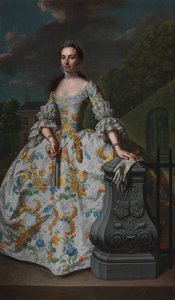 Charlotte Beatrix Strick van Linschotenの肖像 ジェラルド・コルネリス・ファン・リーベックの2番目の妻であるシャーロット・ベアトリクス・ストリック・ファン・リンショーテン（1732年生まれ）の肖像画、おそらくフォールブルクにある彼女の故郷のハウス・エームウェイクの前に立っている