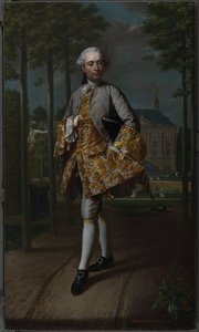 ジェラルド・コルネリス・ファン・リーベックの肖像 ジェラルド・コルネリス・ファン・リーベック (1722-1759)、デルフト長官、おそらくフォールブルクにある彼のカントリー ハウス エッセンシュタインの前に立っている