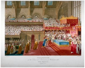 1821年1824年にロンドンのウェストミンスター・ホールで行われたジョージ4世の戴冠式。                                  作： Matthew Dubourg