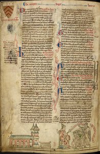 Royal 14C VII、f.138v ウェストミンスター寺院と聖エドワード神殿。 右、リヨン公会議での教皇インノケンティウス 4 世、「Historia Anglorum」のイラスト