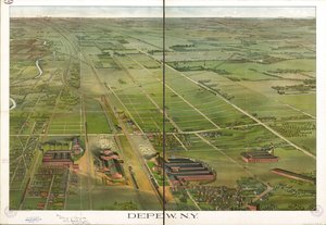 鳥瞰図。 北を右に向けます。 LC パノラマ マップ (第 2 版)、555.1 米国議会図書館の Web サイトからもラスター イメージとして入手できます。 インクで注釈が付けられた LC コピー。 刻印: Compliments Depew Improvement Co.; S. ジェイ オハート、弁護士 作： Matthews Northrup Company