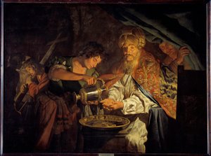 手を洗うポンティウス・ピラト（Pontius Pilatius ポンティウス・ピラト（紀元前10年～紀元後39年）は、イエス・キリストを断罪するために無益な判断をし、その不同意を示すために手を洗っている - マティアス・ストーム（Matthias Stom）（1600-1650）の絵画。