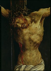 イセンハイムの祭壇画からのはりつけ、キリストの胴の詳細、1512-16年頃の油彩、パネルの詳細