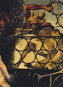 窓を攻撃する悪魔、イセンハイムの祭壇画の聖アンソニー隠者の詳細、1512〜16年 作： Matthias Grünewald