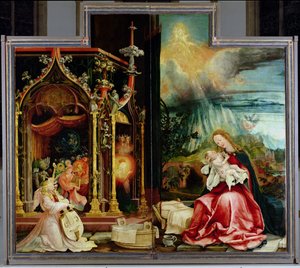 イゼンハイムの祭壇画。中央パネル：天使とキリスト降誕のコンサート、1506-1515 作： Matthias Grünewald