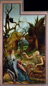 イゼンハイムの祭壇画。左翼：聖アンソニーとアンポールの聖パウロの出会い 作： Matthias Grünewald