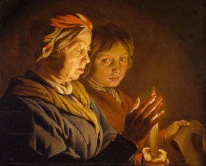 ろうそくの明かりで老婆と少年、1630-1650 作： Matthias Stomer