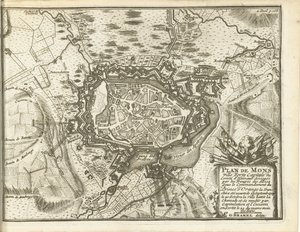 ベレグ ヴァン ベルゲン、1709 年 モンス ヴィル フォルテの計画 (...) 連合軍に包囲される。 オレンジの王子 (...) の指揮下 (オブジェクトのタイトル) 作： Matthijs Pool (possibly)