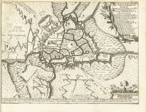 ベレグ ヴァン ゲント、1708 年 1708 年 12 月 22 日に連合国軍によって包囲されたヘント市と城塞の包囲と攻撃の地図、マールバラ公と公爵の指揮の下 (オブジェクトのタイトル)