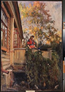 バルコニーで - Matvei Markovich Zaytsev (1880-1940) による絵画、キャンバスに油彩 作： Matvei Markovich Zaytsev