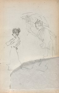 イタリアのスケッチブック：横顔で立っている女性と傘を持つ男2、1898〜1899年。 作： Maurice Brazil Prendergast