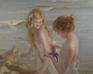 ビーチでヒトデを持つ 2 人の女の子 作： Maurice Chabas