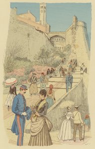 モナコ、王宮の大階段を歩く人々。(カラーリトグラフ) 作： Maurice Charles Mathieu Bonvoisin