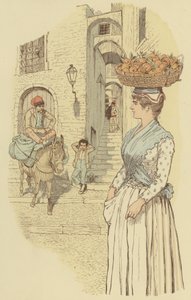 イタリア、サンレモの旧市街の狭い路地にあるストリートライフ。(カラーリトグラフ) 作： Maurice Charles Mathieu Bonvoisin