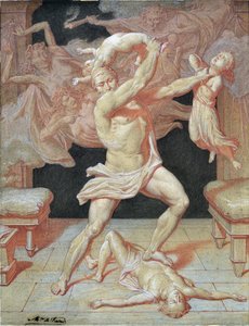 ヘラに発狂したヘラクレスは子供たちを虐殺する（絵） 作： Maurice De Vaines