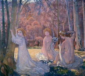 春の風景の聖なる森の人物像、1897年 作： Maurice Denis