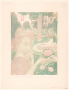 若い女性が庭で花束を手に入れる Lebouque matinal, les larmes... (オブジェクトのタイトル) 愛の描写（シリーズタイトル） アムール（シリーズタイトル） 作： Maurice Denis