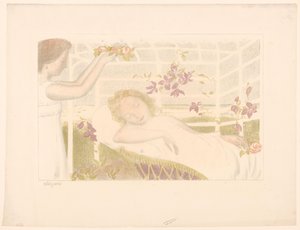 眠っている女の子が花輪を手に入れる アレゴリー（オブジェクトのタイトル） 愛の描写（シリーズタイトル） アムール（シリーズタイトル） 作： Maurice Denis