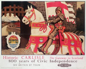 ブリティッシュレイルのポスター、「歴史的なカーライル、スコットランドへのゲートウェイ」、1924年