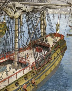 1682年、アルジェの街の砲撃と火災。フランス海軍士官アブラハム・マルキ・デュケイン（1604-1610-88年）が船上からガリオット爆弾の効果を見ている。グーによる「ル・ロワ・ソレイユ」（ルイ14世）のクロモグラフィー 作： Maurice Leloir