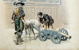 フランスの歴史。少佐を宣言しながらも、ルイ13世はお気に入りのリュイヌ公シャルル・ダンベール（1578-1621）と子供たちの遊びを続けている。モーリス・ルロワール（1853-1940）による "リシュリュー "の挿絵 作： Maurice Leloir