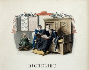フランスの歴史。アルマン・ジャン・デュ・プレシの母親は、リシュリュー枢機卿（1585-1642）、そしてルイ13世の大臣となり、彼の最初の読書を指導した。モーリス・ルロワール（1853-1940）によるイラスト（セオドア・カフ著「リシュリュー」より